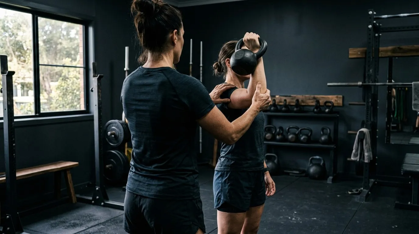 A coach adjusting a client's elbow position on a kettlebell press
