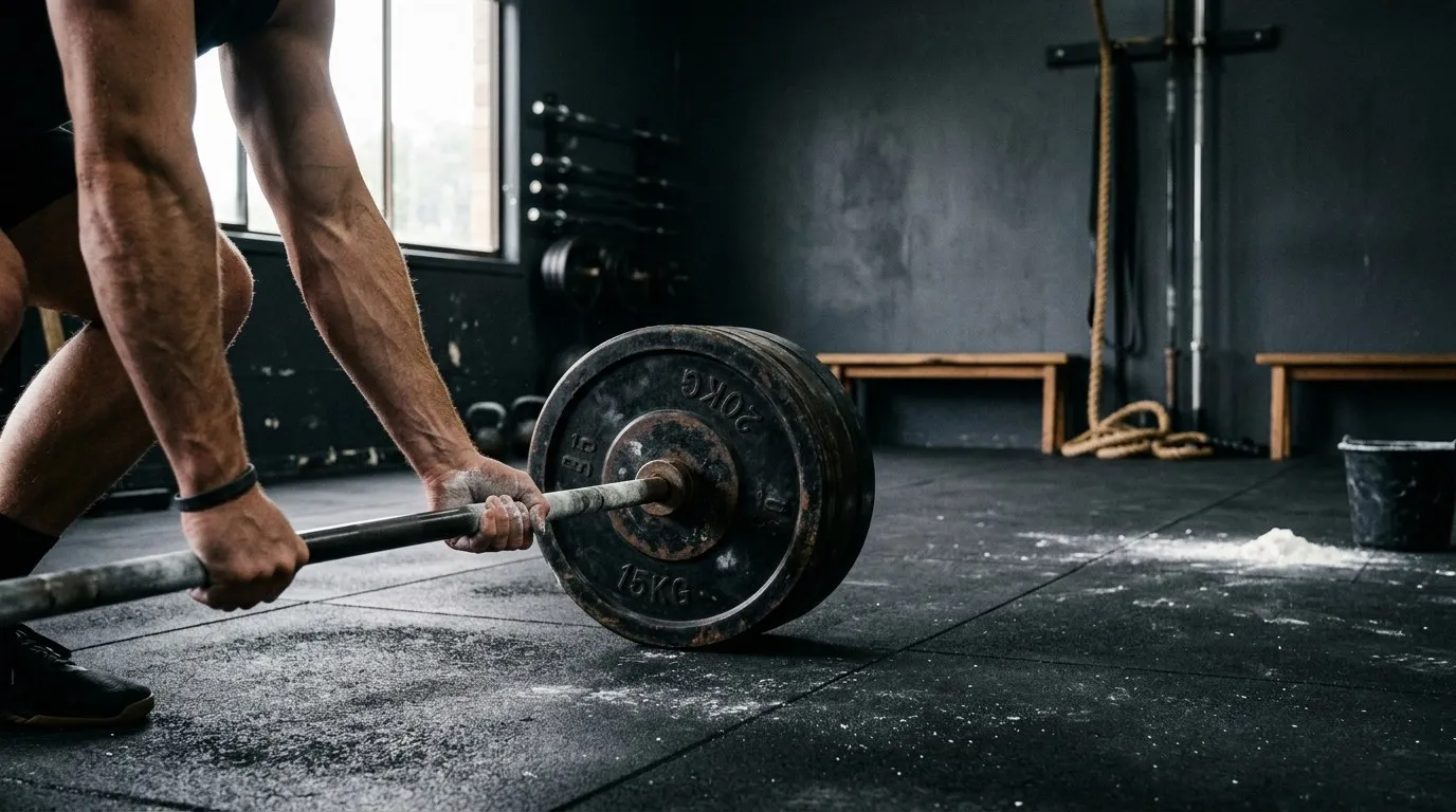 Hands gripping a loaded barbell in the studio, chalk in the light