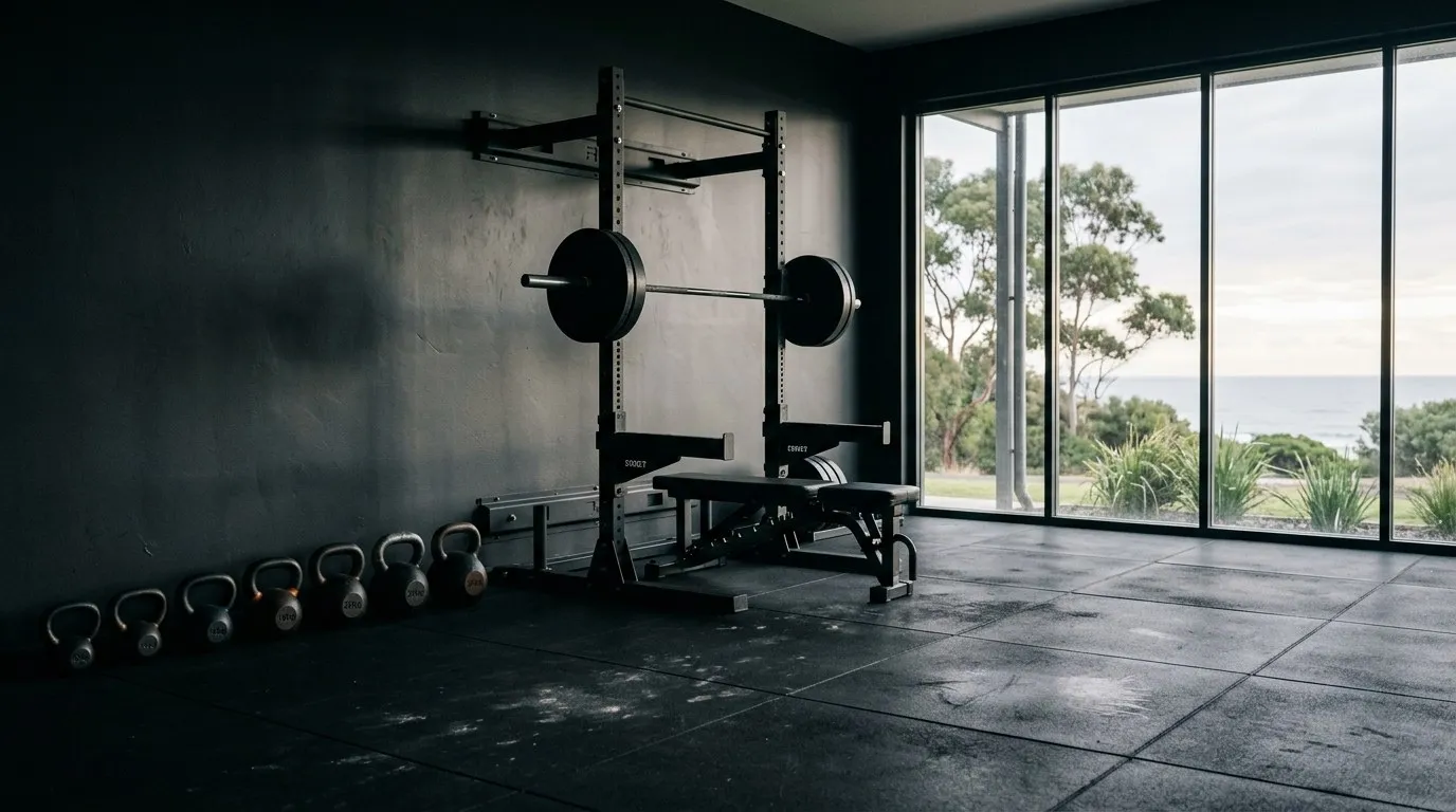 The squat rack and a row of kettlebells in morning light