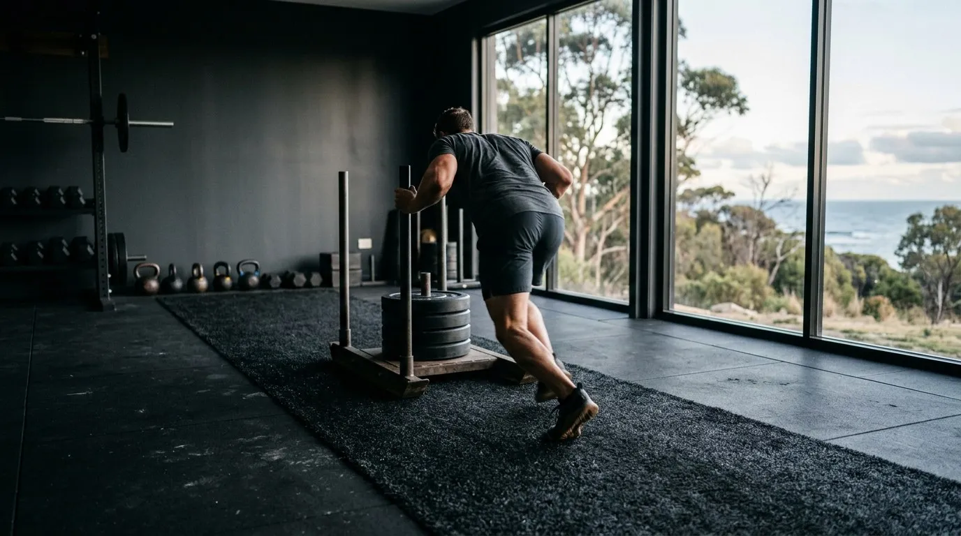 Pushing a weighted sled across the studio turf