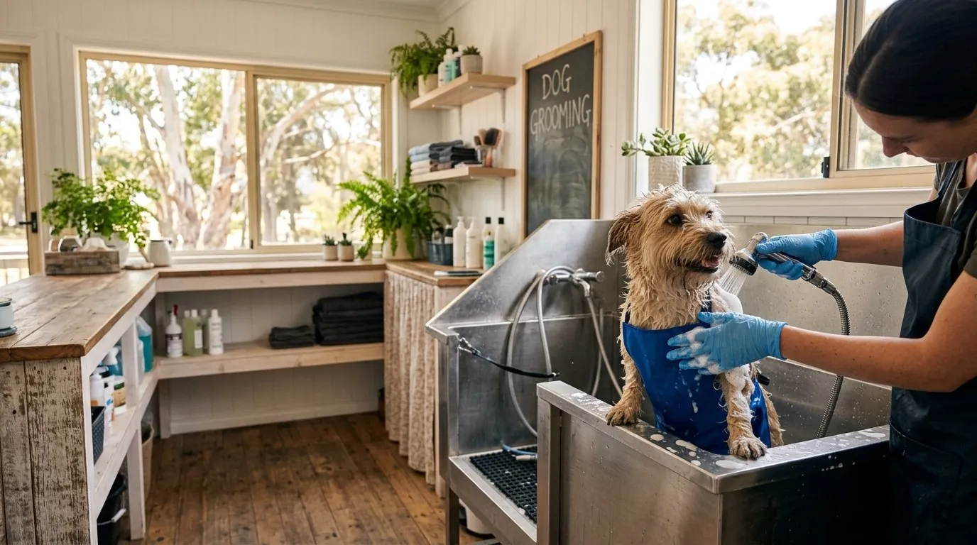 A small dog being washed in the grooming tub