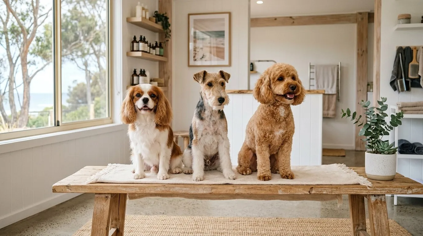 Three freshly groomed dogs of different sizes sitting together on a bench
