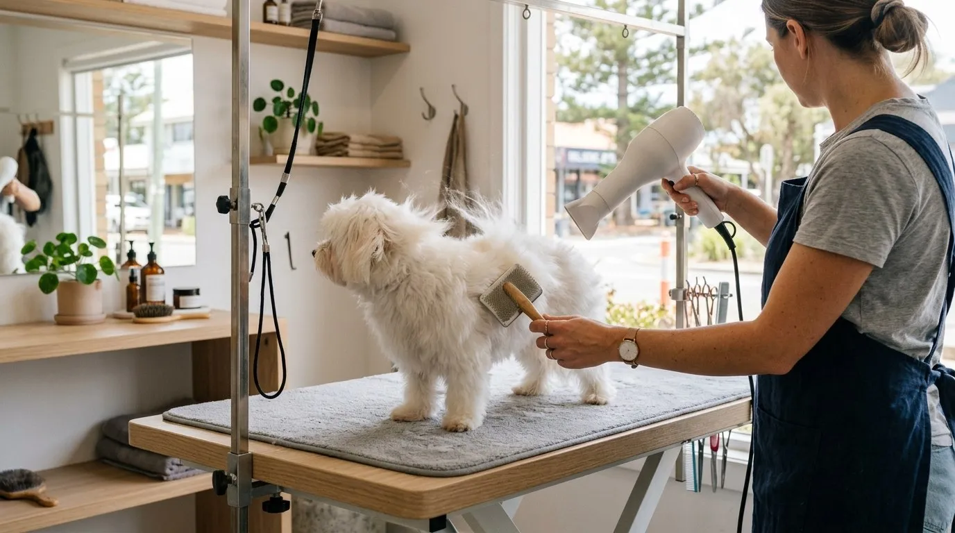 Blow-drying and brushing a fluffy small white dog on the table