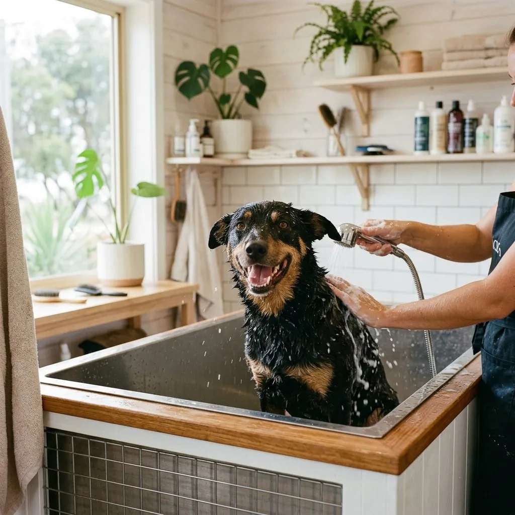 A kelpie enjoying a bath